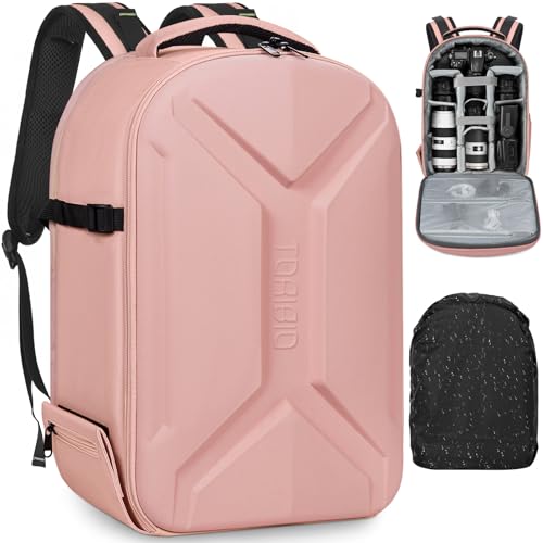 TORIBIO Camera Backpack, Hardshell DSLR/SLR/Mirrorless Photography Camera Bag with Rain Cover, Waterproof Hard Shell Camera Case with Tripod Holder & 15.6" Laptop Compartment - color: Pink