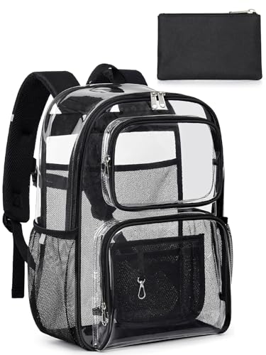 Clear Backpack Heavy Duty for Women Men Boys Girls, Large Clear Bookbag See Through Backpack for School College - color: 5#black+pouch-no Reflective Strips