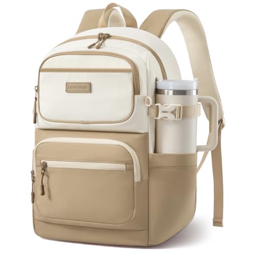 LOVEVOOK School Backpack for Teen Girls & College Students, Large Capacity Laptop Backpack with Water Bottle Holder, Lightweight Bookbag for School, Travel & Everyday Use, Beige-Khaki - color: Beige-khaki, size: 17.3 inch