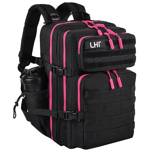 LHI Military Tactical Backpack for Men and Women 45L Army 3 Days Assault Pack Bag Large Rucksack with Molle System - Black with red zipper - color: 1.0 Black With Red Zipper