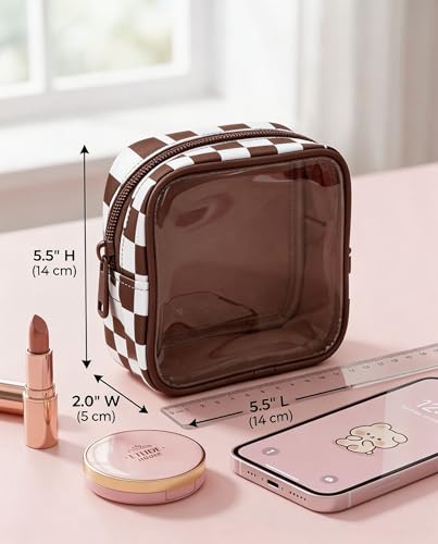Clear Checkered Makeup Bag, Small Cosmetic Pouch with Zipper Mini Waterproof Makeup Purse Organizer Cute Cosmetic Bag Travel TSA Approved Toiletry Bag Car Organizer for Women Girls (Brown) - color: Brown