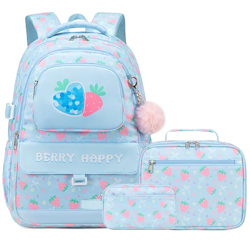 Makukke Girls School Backpack Set, Cute Strawberry Bag with Lunch Box & Pencil Case, Lightweight Durable Bookbag for Elementary Middle - color: Strawberry-Blue