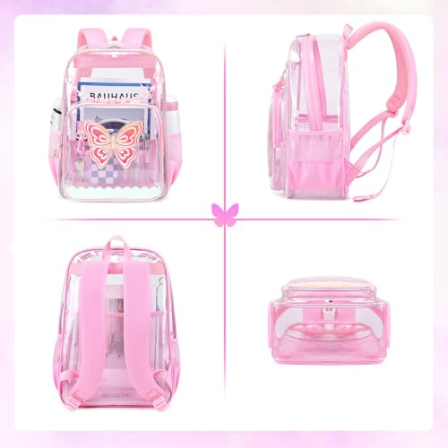 MUSEVOS Clear Backpack for School, Clear Bookbag for Girls PVC Heavy Duty Transparent Backpack,Pink Butterfly - color: Pink
