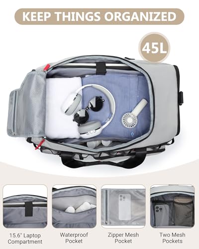 MCBD Gym Bags for Men & Women, 45L Travel Duffle Sports Backpack with Shoes & Laptop Compartment, Large Workout Carry On Bag Weekender Overnight Tote, Grey - color: Grey