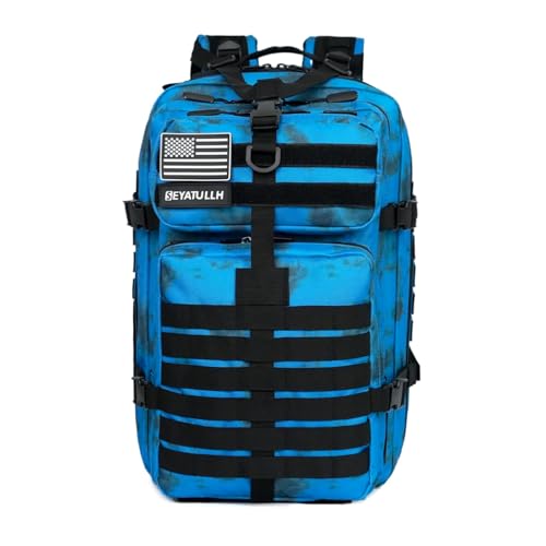 45L Military Tactical Backpack for Men & Women Bug Out Bag Assault pack Molle Daypack Hiking Trekking Rucksack (Blue tie dye) - color: Blue Tie Dye