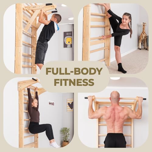Swedish Ladder Wall Bars with Pull-Up Bar, Dip Station & Accessories for Kids and Adults – Wooden Stall Bars Home Gym with Gymnastic Rings, Rope, Swing & Climbing Ladder
