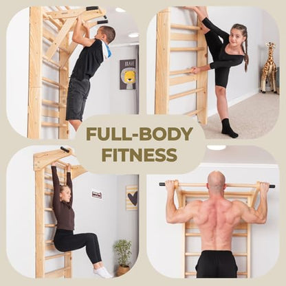 Swedish Ladder Wall Bars with Pull-Up Bar, Dip Station & Accessories for Kids and Adults – Wooden Stall Bars Home Gym with Gymnastic Rings, Rope, Swing & Climbing Ladder