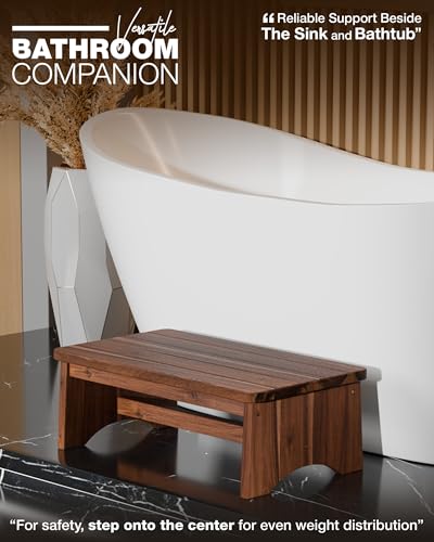 FANATU Extra Wide 26in Wooden Step Stool, Heavy Duty One Step Stool for Adults and Seniors, Holds Up to 550 lbs, Reinforced Cross Bar, Non-Skid Surface (Walnut) - color: Walnut