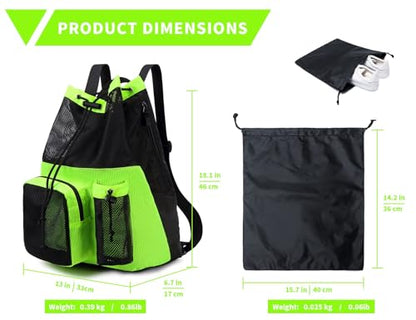 Lohol Large Mesh Drawstring Backpack with Shoe Bag, Durable Swimming String Sack with Handle for Sports Gym Yoga Beach Travel - color: Green