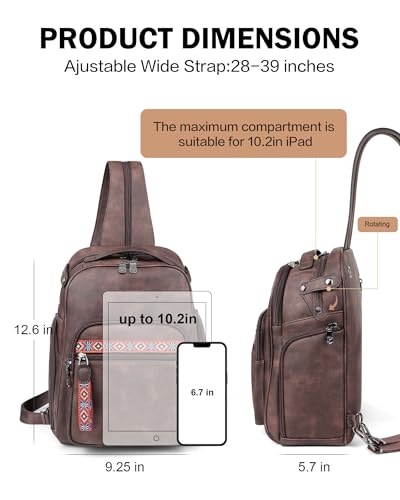 FADEON Large Sling Bag for Women, Designer Leather Crossbody Purse Convertible Sling Backpack, Anti Theft Daypack for Travel - color: Coffee Brown Retro Style