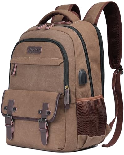 Mactso Canvas Travel Laptop Backpack for Men Women, Business Work Rucksack College School Computer Bag Fits 15.6 Inch Notebook,Bookbag with USB Charging Port (Coffee, 15.6 Inch) - color: Coffee, size: 15.6 Inch