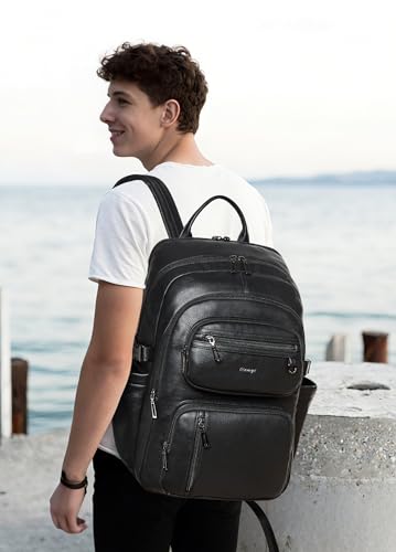 Vegan Leather Backpack, TSA Travel Backpack for Men and Women, Fits 17.0 Inch Laptop with Luggage Strap, Black - color: Black