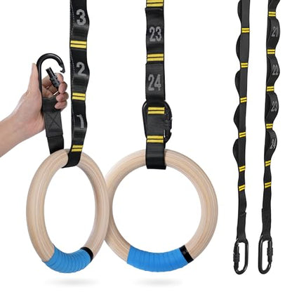 PACEARTH Gymnastics Rings 32mm Wooden Olympic Rings Support 1500lbs Locked Carabiners 9ft Double-Layer Numbered Straps Non-Slip Gym Rings with Foot Straps Door Anchor for Home Gym Full Body Workout - style: 1.25" Carabiners Rings & Daisy Chains Straps & D