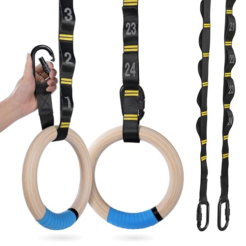 PACEARTH Gymnastics Rings 32mm Wooden Olympic Rings Support 1500lbs Locked Carabiners 9ft Double-Layer Numbered Straps Non-Slip Gym Rings with Foot Straps Door Anchor for Home Gym Full Body Workout - style: 1.25" Carabiners Rings & Daisy Chains Straps & D