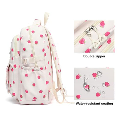 High Middle School Backpack for Girls Travel Kawaii Laptop Kids Bookbag, Strawberry Beige - color: Beige Strawberry