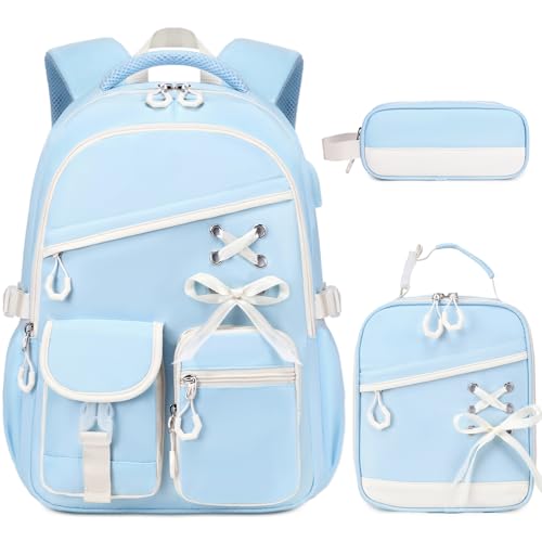 DIGOBAY Backpacks for Girls - 3PCS Girls Backpack with Lunch Box & Pencil Pouch School Backpacks for Elementary Middle High College School Bookbag for Teen Girl Kids Students Blue - color: Bluebeige