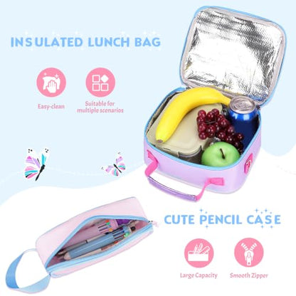 Kids Backpack for Girls 5-8, 4PCS Toddler Backpack with 13oz Kids Insulated Water Bottle, Lunch Box and Pencil Case, Girls Bookbag Schoolbag for Primary Kindergarten Elementary School - color: Purple Blue Butterfly