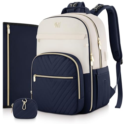 MOMUVO Diaper Bag Backpack, Quilted Baby Bag with Changing Pad & Stroller Straps & Pacifier Case, Large Travel Diaper Bags for Mom Dad, Blue Beige - color: Blue Beige
