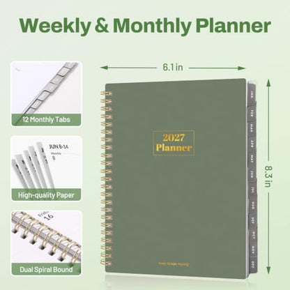 SUNEE 2027 Planner, Weekly and Monthly Calendar Planner, January 2027-December 2027, Daily Agenda with Tabs, Note Pages, Spiral Binding, 6"x8.3", Green - color: Green