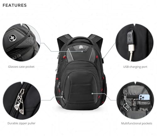 Swissdigital Design Travel Backpack for Men with Finder（color random）, TSA Friendly USB Charging RFID Protection Business Backpack Fits 15.6" Laptops Black | J14BT013-BR - color: Black/Finder