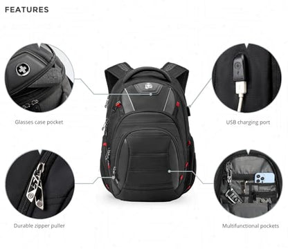 Swissdigital Design Travel Backpack for Men with Finder（color random）, TSA Friendly USB Charging RFID Protection Business Backpack Fits 15.6" Laptops Black | J14BT013-BR - color: Black/Finder