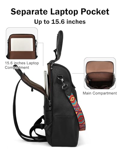 FADEON Laptop Backpack for Women Leather Travel Backpack with Laptop Compartment, Designer PU Shoulder Laptop Bag Black - color: Black Retro Style