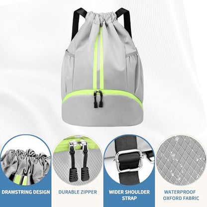 Drawstring Backpack Gym Bag with Shoe Compartment - Ideal for Basketball, Swimming, Beach Activities, Unisex - color: Silver Grey
