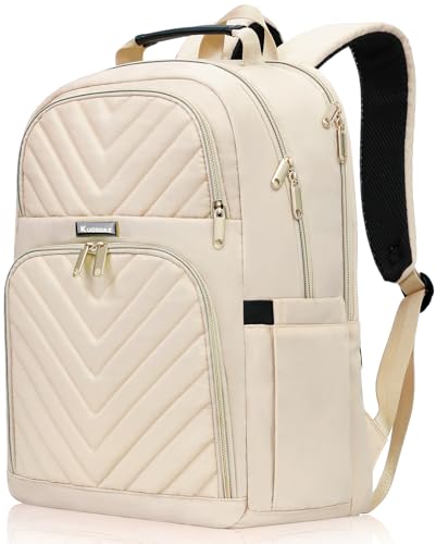 Travel Laptop Backpack for Women, 15.6 Inch Quilted Work Backpack Purse, School Backpack for Teens Girls Boys, Large Anti-theft Teacher Student Bookbags, Casual Daypacks, Beige - color: Beige, size: 15.6 Inch