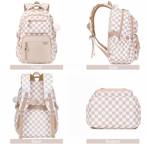 Bevalsa Backpack for Girls 3PCS Teen Girls Backpack for School with Lunch Bag Pencil Case Khaki Cute Kids Laptop Backpacks Bookbag for Elementary Middle High School College Student (Checkerboard) - color: Khaki Checkerboard