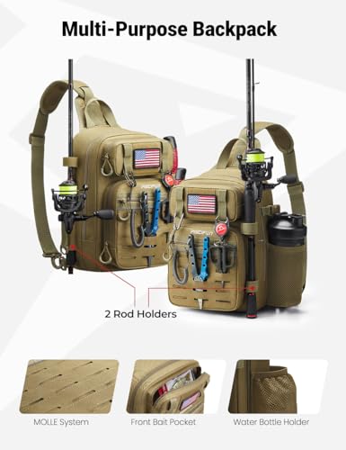 Piscifun Fishing Backpack Tackle Bag with 2 Rod Holders, Multi-Compartment Storage, MOLLE System, Water-Resistant Lightweight Outdoor Pack - color: Single Shoulder - Khaki, style: Standard