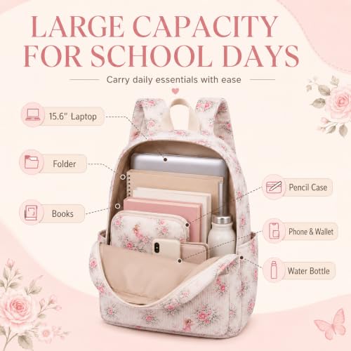 BTOOP School Backpacks for Teen Girls Bookbags Lightweight Kids Backpack School Bags Set with Lunch Box Pencil Case - color: Pink Flroal Fairy