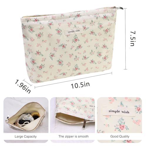 Wudygirl Flower Makeup Bag Cosmetic Bag for Women and Girls Large Capacity Makeup Pouch Aesthetic Cute Makeup Bag Canvas Toiletry Bag Pencil Pouch with Zipper (Beige and Small Floral) - color: Beige Floral