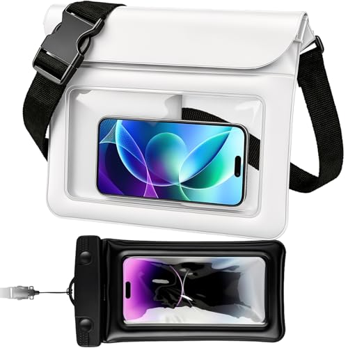 Waterproof Dry Bag Set 2 Pcs: White 9.8" Clear Fanny Pack with Black Waterproof Phone Case -7" Phone Pouch, IPX8 Floating Water Proof Belt Bag with Adjustable Strap for Cruise Beach Swim Essentials - color: White fanny pack + Phone pouch 7"