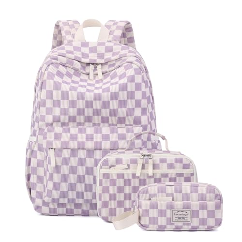 Tanweibago Backpack for Girls Boy Teen Corduroy Bookbags Elementary Middle High School with Lunch Box Pencil Bag (Chessboard Purple) - color: Chessboard Purple