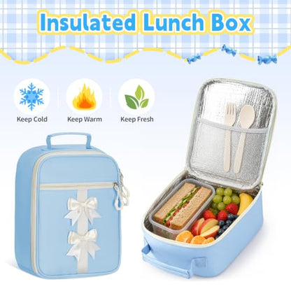 Girls Backpack with Lunch Box Set, 4 PCS Cute Kawaii School Bookbag for Elementary Girls, Blue Aesthetic Large Laptop Backpack for Kids & Teens - color: Blue