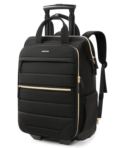 Rolling Puffer Backpack for Women, Travel Backpack with Wheels, 16 Inch Wheeled Laptop Backpck, Dual-Opening Design Overnight College Underseat Carry on Luggage, Roller Business Work Bag, Black - color: Horizontal Quilt Black