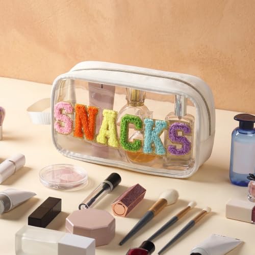 Kacctyen Clear Beach Swim SPF Makeup Bag Preppy Chenille Letter Cosmetics Nylon Toiletry Waterproof Makeup Travel Pouch Snack Bags for Women (White,Snacks) - color: White, style: Snacks