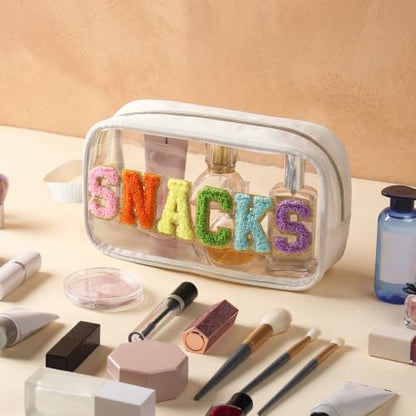 Kacctyen Clear Beach Swim SPF Makeup Bag Preppy Chenille Letter Cosmetics Nylon Toiletry Waterproof Makeup Travel Pouch Snack Bags for Women (White,Snacks) - color: White, style: Snacks