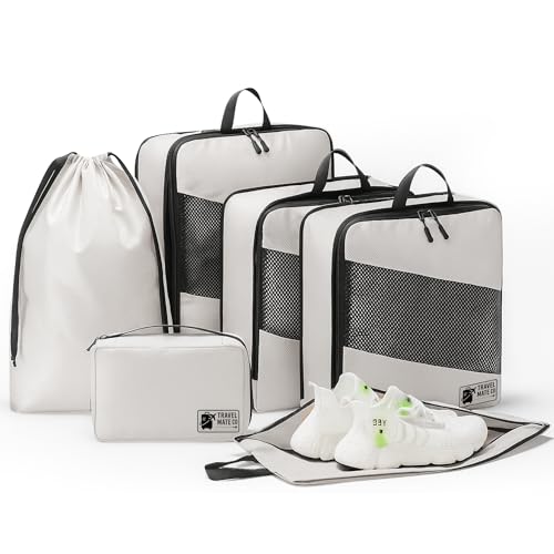 Packing Cubes for Suitcases 6 Set - Expandable Travel Packing Cubes for Luggage with Shoe Bag, Laundry Bag & Toiletry Bag - Lightweight Compression Luggage Organizer Bags for Travel (3 Sizes S/M/L)