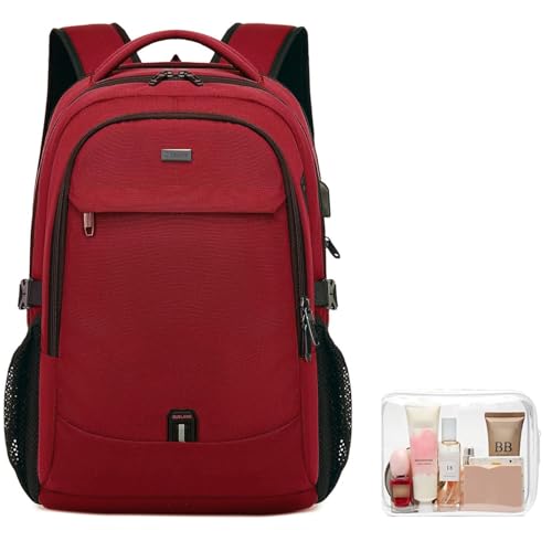 DUSLANG 17 Inch Laptop Backpack for Travel Water Resistant College Backpack for Women Laptop Bag with USB Charging Port and Clear Toiletry Bag, Red A - color: 30191 Red With Clear Toiletry Bag, size: 17 Inch