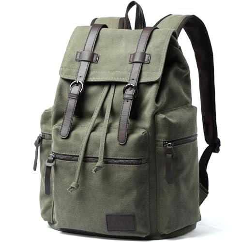 MOYYI Vintage Canvas Backpack for Men Olive Green Rucksack Fit 15.6 inch Laptop Retro Flap Daypack for Casual Hiking Travel Commute - color: 28l Capacity-green