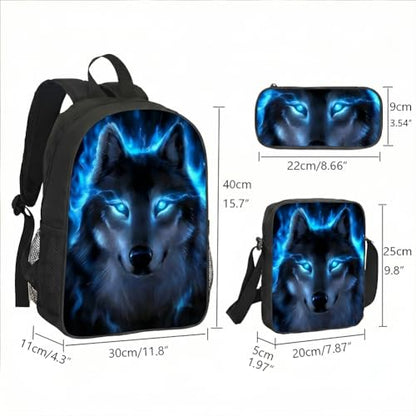 3-Pieces Backpack Set, Themed Backpack for Wolf – Multifunctional Large Capacity Daypack with Lunch Bag & Case for Daily Life - style: Wolf