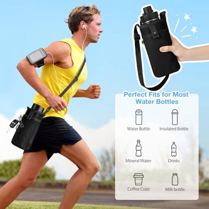 BINSUNS 2 Pcs Large Water Bottle Bag with Strap, Mesh Water Bottle Carrier Holder Crossbody Water Sling Bag Shoulder Strap and Pocket - Walking Sports Hiking Camping (Black+Blue) - color: Black+Blue, size: 2 Pcs-Large