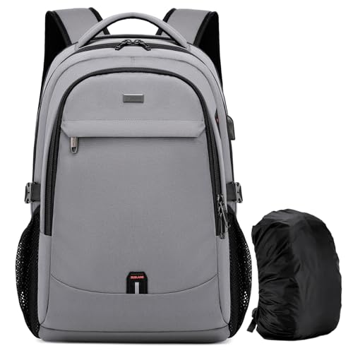DUSLANG 17 Inch Laptop Backpack for Travel Water Resistant College Backpack for Men/Women Laptop Bag with USB Charging Port and Rain Cover,light grey - color: Light Grey With Rain Cover, size: 17 Inch