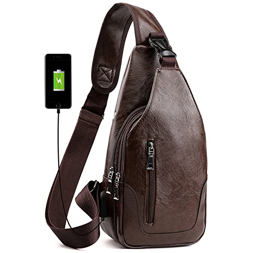 Peicees Leather Sling Bag Mens Crossbody Bag Chest Bag Sling Backpack for Men with USB Charge Port - color: Verticalzipper/Dark Brown, size: Medium