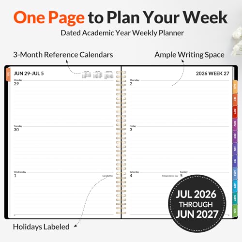 SUNEE Academic Planner 2026-2027 – Weekly & Monthly Planner, July 2026 to June 2027, 8.5"x11", Thick Paper, Tabs, Pockets, Bookmark, Spiral-Bound, Student Teacher Organizer, Black - color: Black