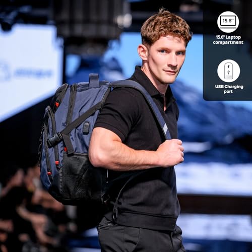 Swissdigital Design Laptop Backpack with USB Charging Port, Travel Backpack Fits 15.6 inches Computer, 31L College School Backpack for Men, Blue/Black | SD803-12 - color: Black/Blue