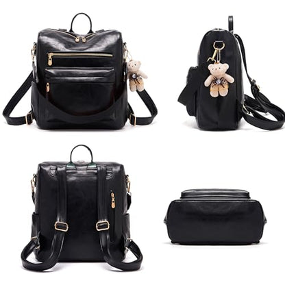 Soperwillton Women Backpack Purse Multipurpose Design Handbags Shoulder Bag PU Leather Travel bag Backpack Set 2pcs - color: Black