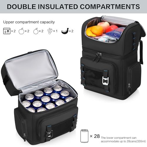 Large Waterproof Insulated Cooler Backpack for Men & Women, Double Decker Leak Proof Cooler Backpack for Beach, Camping, Picnic, Travel, 26L, 44Cans - color: Black