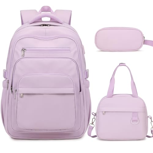 DIGOBAY Backpack for School Girls Boys, College Backpack with Lunch Bag Pencil Case for Teens Kids Elementary Middle High School, Casual Multi-Pocket Travel Daypack with USB Port for Women Men Purple - color: Purple